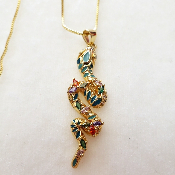 Enamel Snake with Rhinestones Gold tone Necklace - Picture 4 of 15